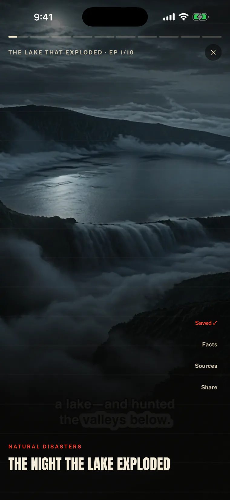 An episode playing full screen, with Facts, Sources and Share down the right-hand side.