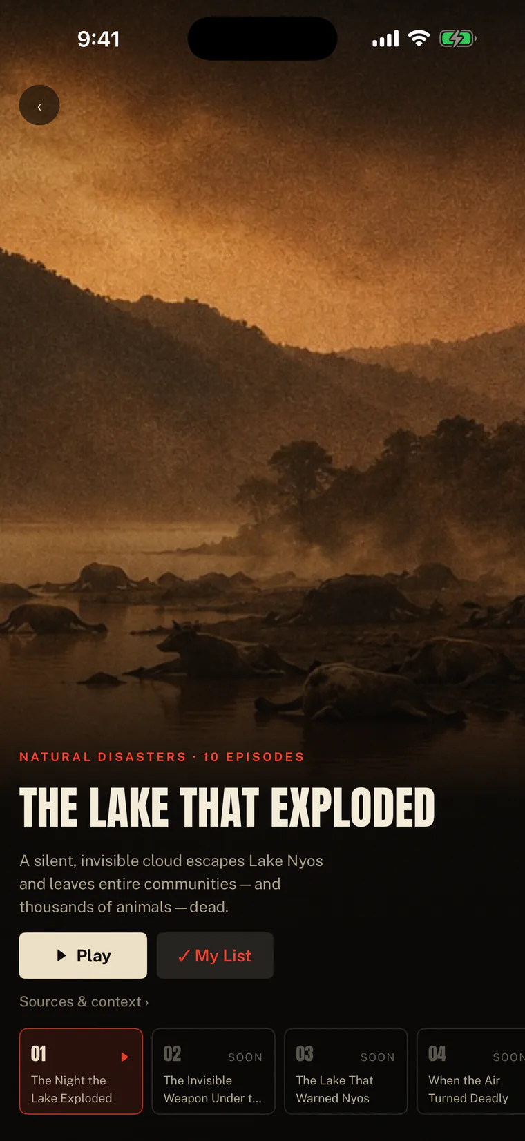 A series page: cover art, a two-line summary, and the episode list starting at episode one.