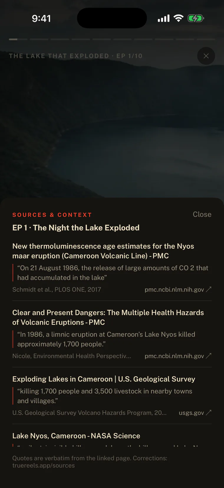 The Sources screen, listing the papers and archives behind episode one with the exact line quoted from each.
