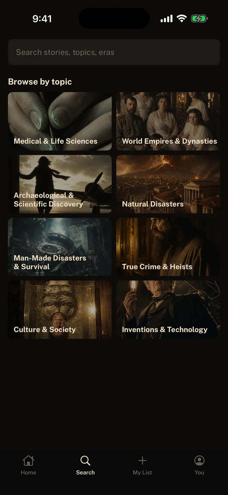 The Search tab: a search field above a grid of topics including Natural Disasters, True Crime and Inventions & Technology.