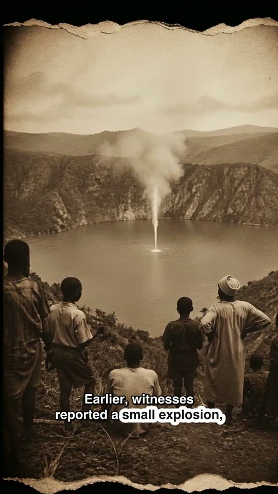 A crater lake at dawn with a column of water rising from its surface, from episode one of The Lake That Exploded.